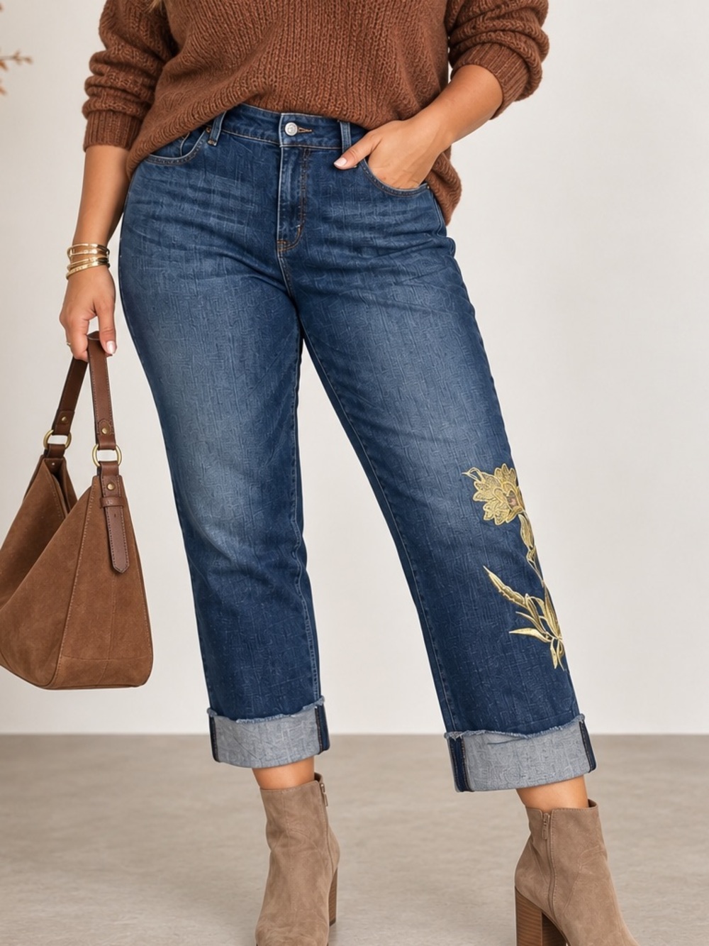 NYDJ Marilyn Ankle Jeans 20W Floral Embroidered Cuffed Lift Tuck Plus Size